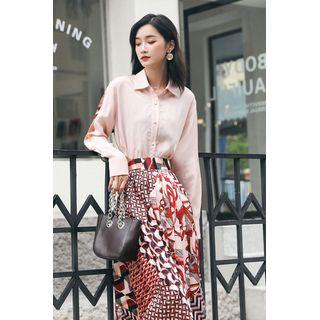 Long-sleeve Printed Shirt / Midi Printed Pleated Skirt / Set