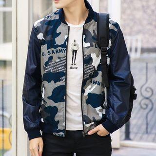 Camouflage Print Faux Leather Panel Zip Jacket