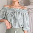 Off-shoulder Plaid Top Green - One Size