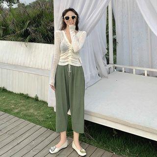 V-neck Long-sleeve Slim-fit Top / Pleated Harem Pants