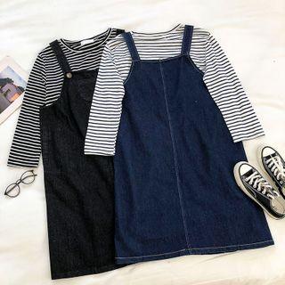 Set:color-block Striped Crewneck Long-sleeve Top + Denim Strap Dress