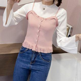 Set: Bell-sleeve Chiffon Top + Frill Trim Knit Camisole