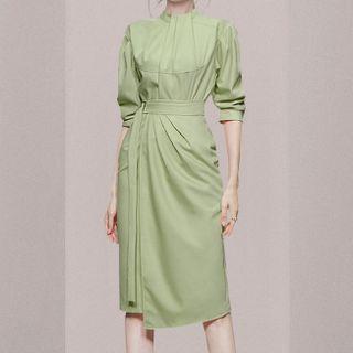 Set: Elbow-sleeve Tie-waist Blouse + Midi Pencil Skirt