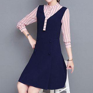 Mock Two-piece Long-sleeve Striped Panel A-line Dress