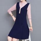Mock Two-piece Long-sleeve Striped Panel A-line Dress