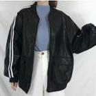 Faux Leather Striped Baseball Jacket Black - One Size