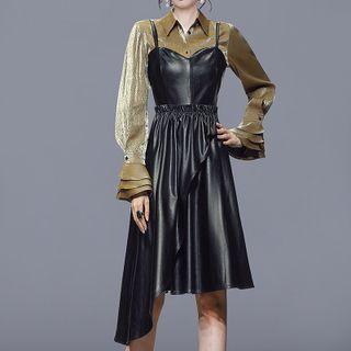 Set: Flared-sleeve Blouse + Asymmetrical Overall Dress