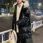 Faux Fur Hood Glitter Plain Padded Coat