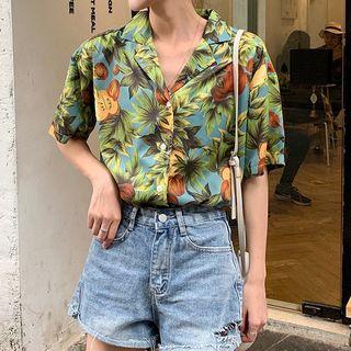 Leaf Print Short Sleeve Shirt As Shown In Figure - One Size