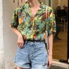 Leaf Print Short Sleeve Shirt As Shown In Figure - One Size