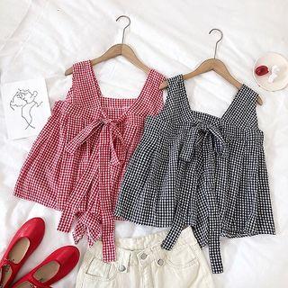 Color-block Plaid Lace-up Sleeveless Top