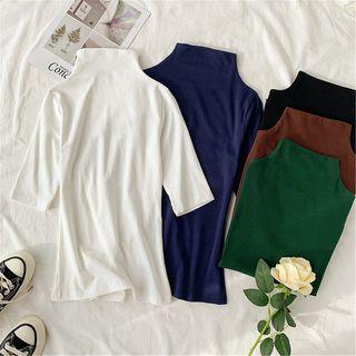 Plain Mock-neck Elbow-sleeve Knit Top