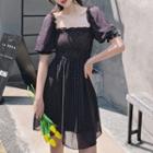 Puff-sleeve Dotted Shirred Mini A-line Chiffon Dress