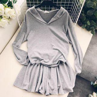 Set: Split Neck Hoodie + Drawstring Shorts