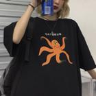 Elbow-sleeve Octopus Print T-shirt Black - One Size