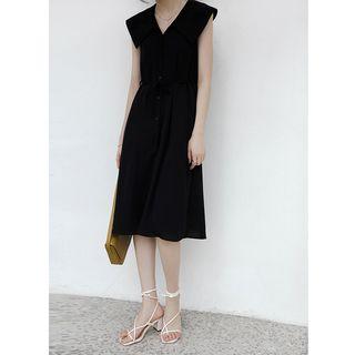 Sleeveless Collared Sashed Midi A-line Dress