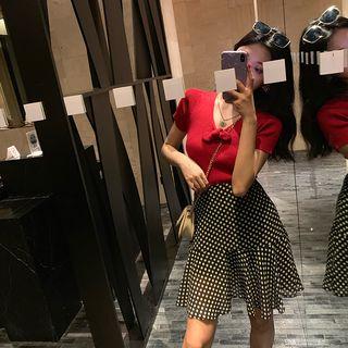 Tie-neck Knit Top / High-waist Polka Dot Mermaid Skirt