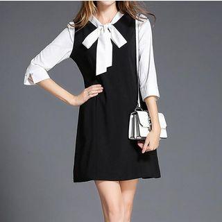 Mock Two-piece Bow Elbow-sleeve Dress