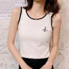 Contrast-trim Embroidered Crop Tank Top