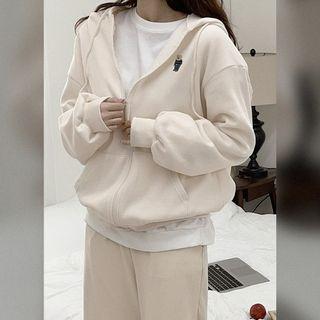 Bear-embroidered Zip-up Hoodie