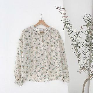 Floral Single-breasted Chiffon Long-sleeve Blouse White - One Size