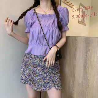 Short-sleeve Square-neck Blouse / Floral Print Mini Fitted Skirt