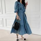 Ruffled Chambray Long Dress Light Blue - One Size