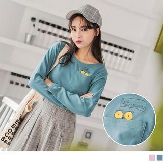 Owl Print Pocket Long Sleeve T-shirt