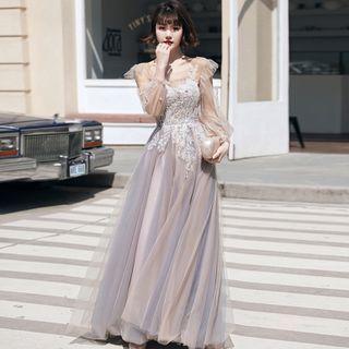 Mesh Panel Long-sleeve Open-back A-line Evening Gown