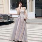 Mesh Panel Long-sleeve Open-back A-line Evening Gown