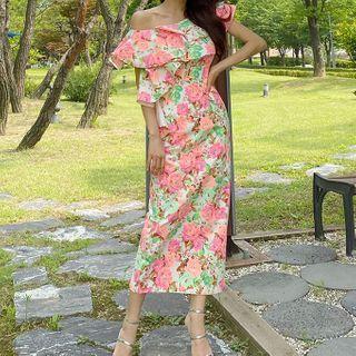 Floral Print Ruffled Off-shoulder Maxi Sheath Dress