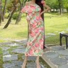 Floral Print Ruffled Off-shoulder Maxi Sheath Dress