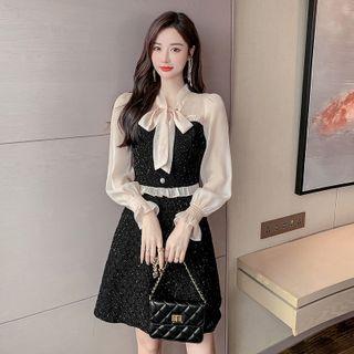 Long-sleeve Tie-neck Mesh Panel Glitter A-line Dress