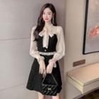 Long-sleeve Tie-neck Mesh Panel Glitter A-line Dress