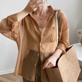 Plain Tie-back Long-sleeve Blouse