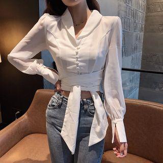 Tie-hem V-neck Crop Shirt