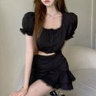 Set: Puff-sleeve Lace Trim Crop Top + Layered Mini A-line Skirt