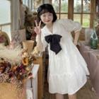 Retro V-neck Dress Bow Puff-sleeve Design A-line Skirt