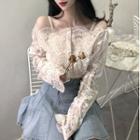 Lace Cold-shoulder Long-sleeve Blouse White - One Size