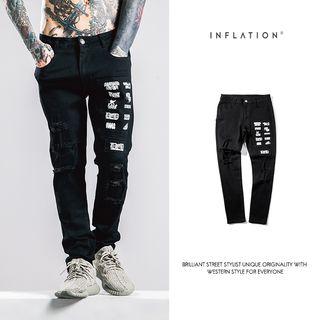 Distressed Letter Embroidered Pants