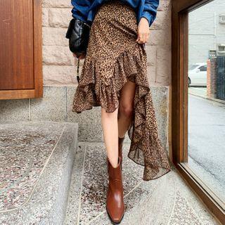 Asymmetric Frill-hem Leopard Skirt