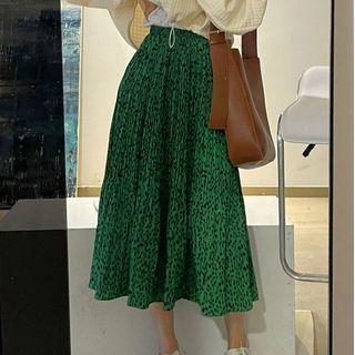 Leopard Print A-line Midi Skirt Green - One Size