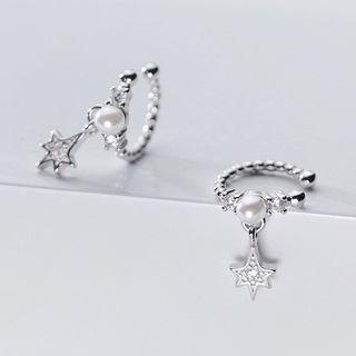925 Sterling Silver Rhinestone Star Faux Pearl Earring 1 Pair - Silver - One Size
