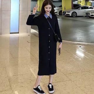 Long-sleeve Collared Knit Midi Dress