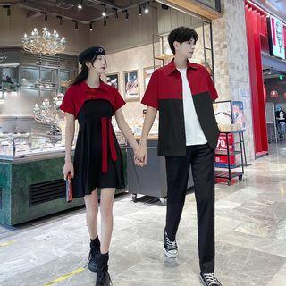 Couple Matching Spaghetti Strap Mini A-line Dress / Crop Top / Two-tone Shirt / Pants / Set