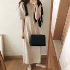 Elbow-sleeve V-neck Midi A-line Knit Dress