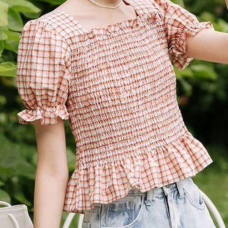 Plaid Ruffle Trim Puff-sleeve Cropped Blouse Mauve - One Size