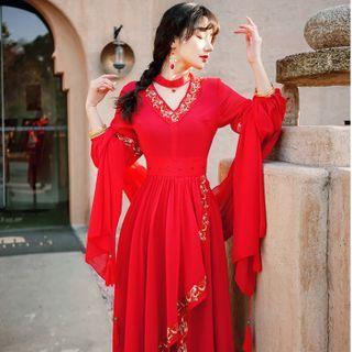 3/4-sleeve Embroidered Irregular Midi A-line Dress / Shawl / Set