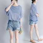 Striped Puff-sleeve T-shirt Blue - One Size