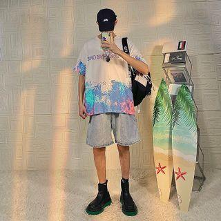 Elbow-sleeve Lettering Paint Print T-shirt